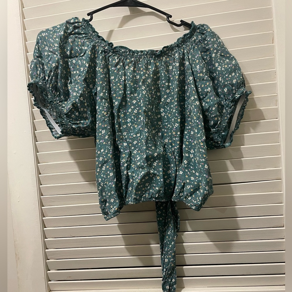 American Eagle Outfitters Womens Blouse Green Floral Puff Sleeves Cropped EUC